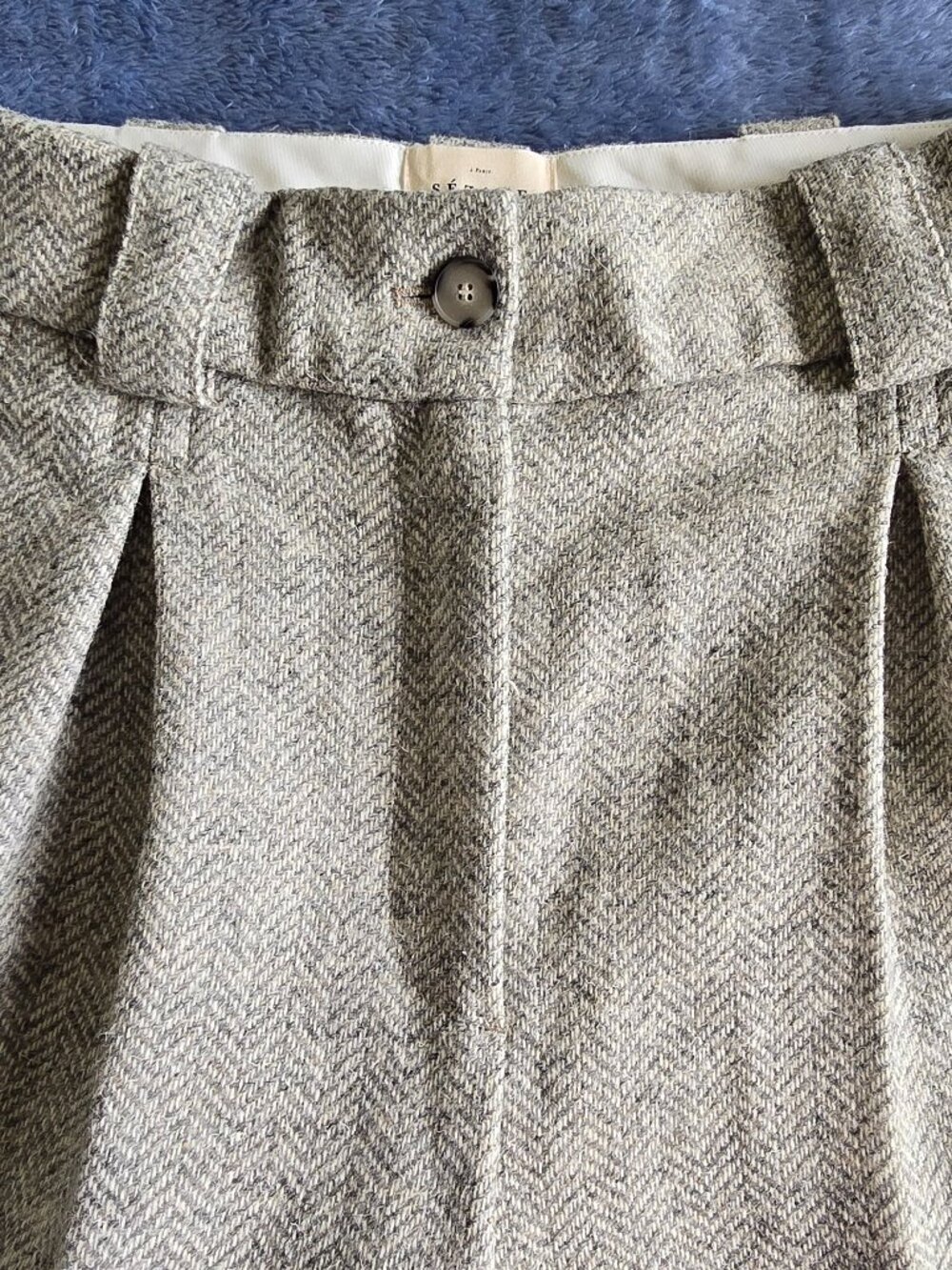 NWT Sézane Herri Trousers Beige Herringbone 100% Wool Pants FR 40 US 12